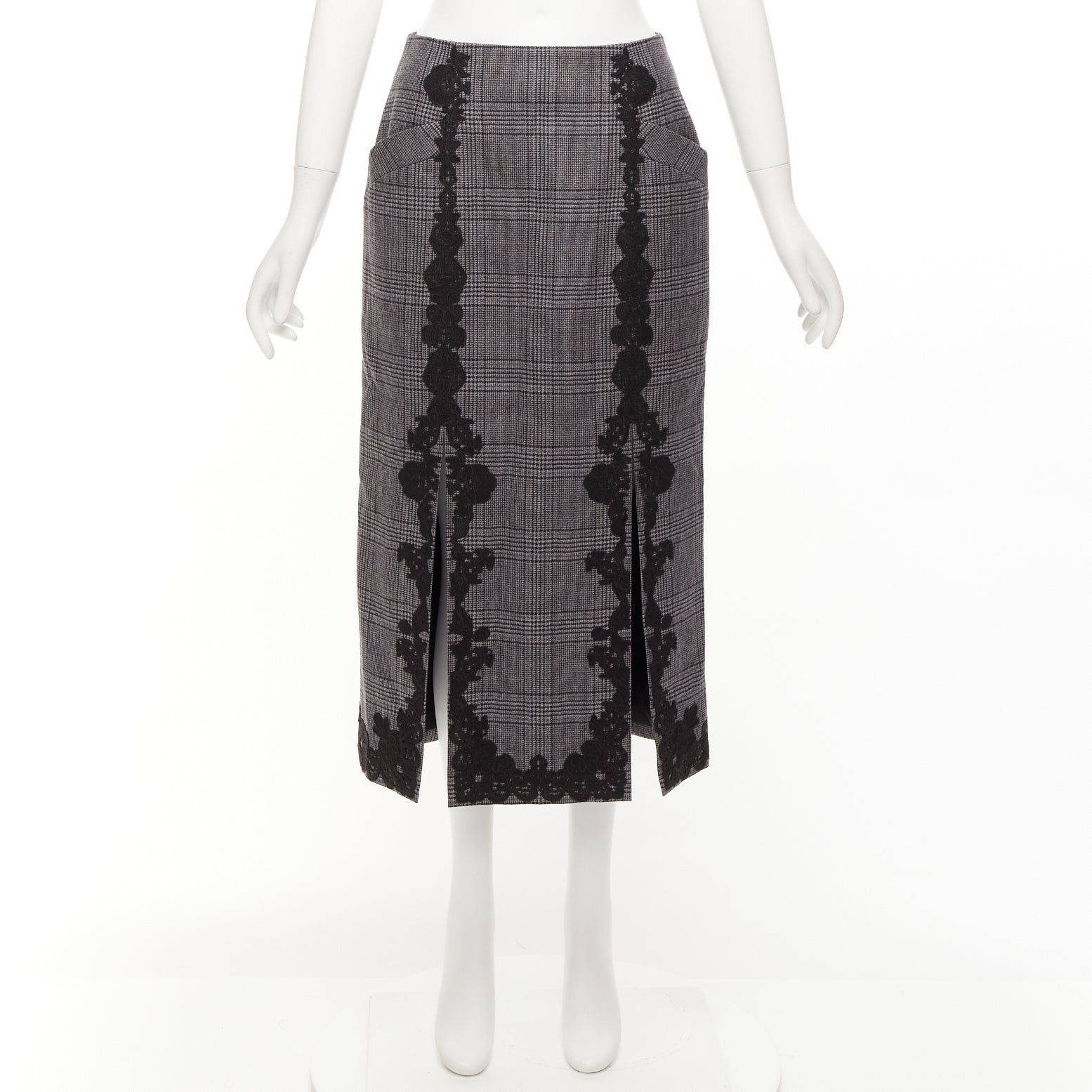 Jonathan Simkhai JONATHAN SIMKHAI grey wool houndstooth lace applique dual slit pencil skirt US4 S Size 28" / US 6 / IT 42 - 9 Thumbnail