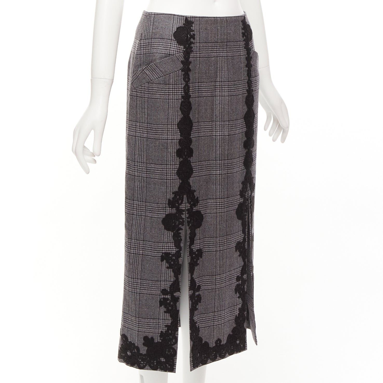 Jonathan Simkhai JONATHAN SIMKHAI grey wool houndstooth lace applique dual slit pencil skirt US4 S Size 28" / US 6 / IT 42 - 3 Thumbnail