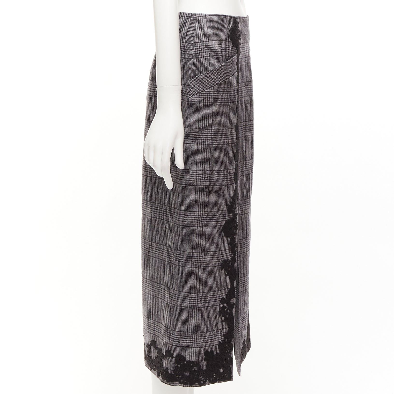 Jonathan Simkhai JONATHAN SIMKHAI grey wool houndstooth lace applique dual slit pencil skirt US4 S Size 28" / US 6 / IT 42 - 4 Thumbnail
