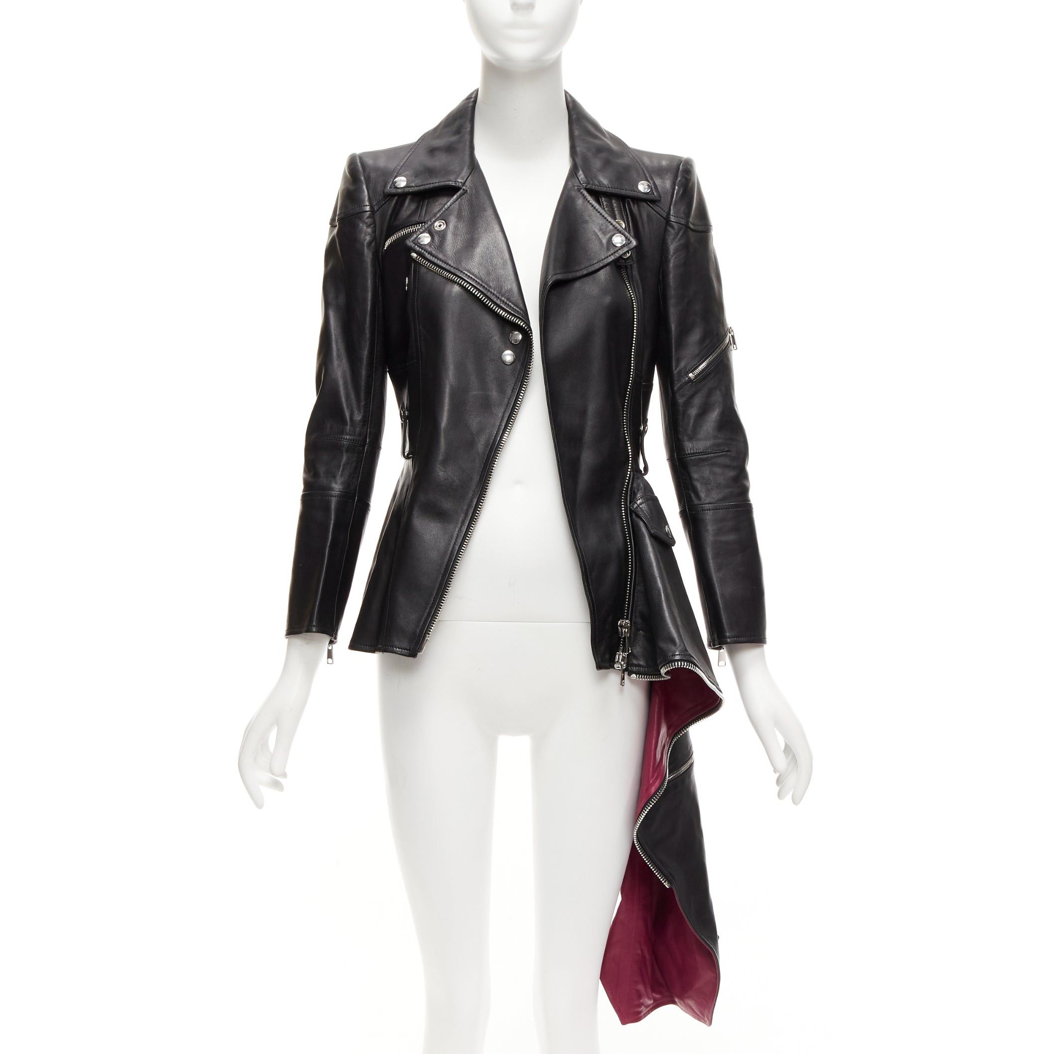Alexander McQueen ALEXANDER MCQUEEN Runway black leather zip asymmetric hem biker jacket IT38 XS Size XS / US 0-2 / IT 36-38 - 3 Thumbnail