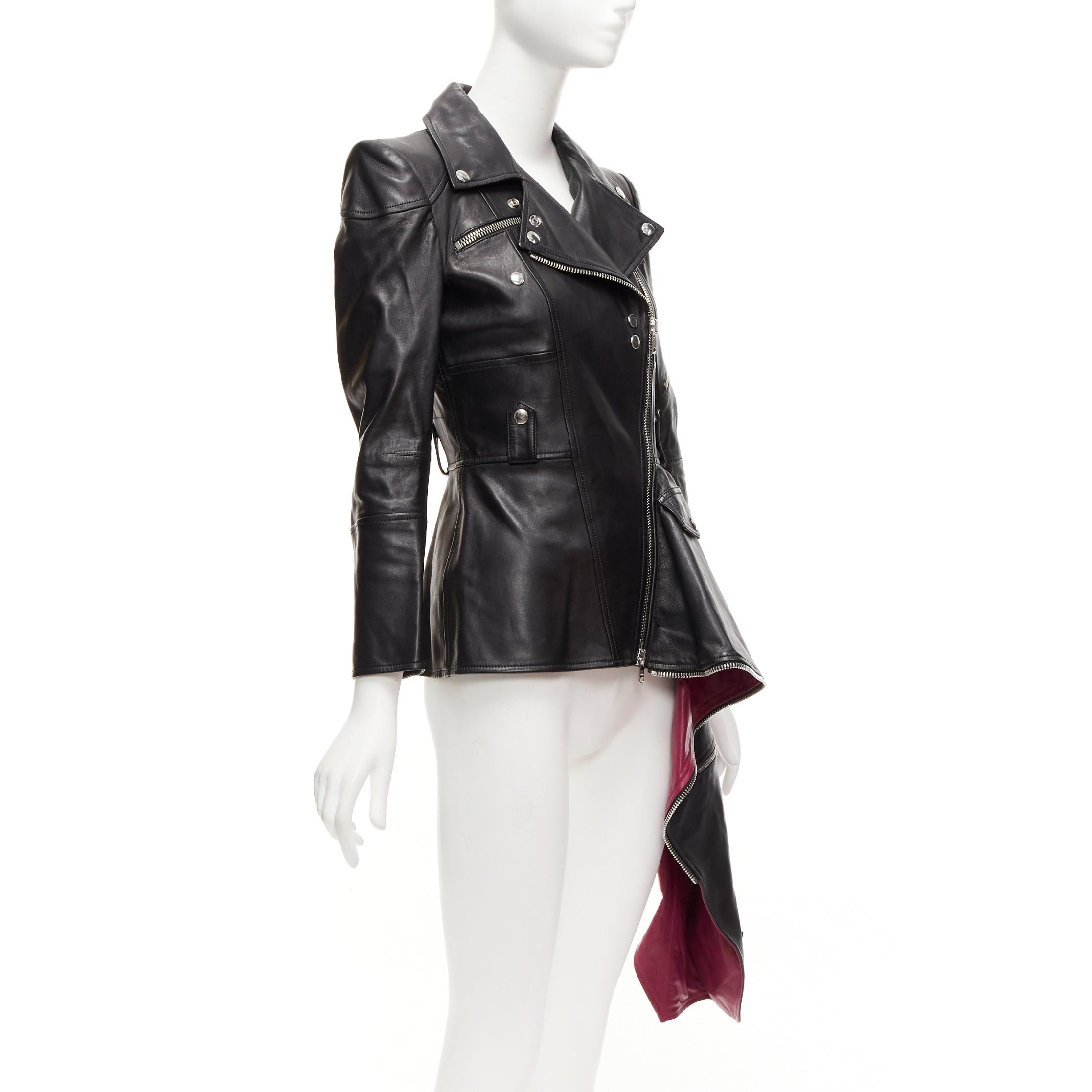 Alexander McQueen ALEXANDER MCQUEEN Runway black leather zip asymmetric hem biker jacket IT38 XS Size XS / US 0-2 / IT 36-38 - 4 Thumbnail