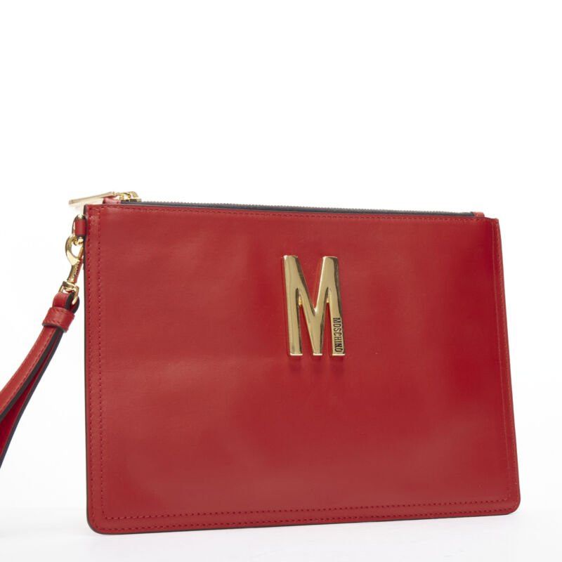 Moschino new MOSCHINO Couture! smooth red leather gold M top zip wristlet clutch bag Size ONE SIZE - 3 Thumbnail