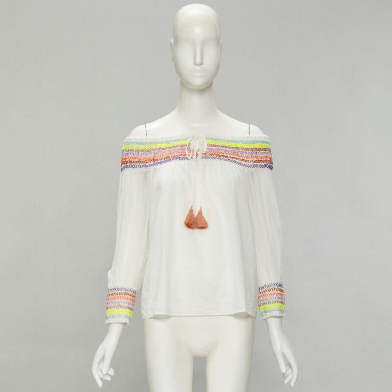 Alice + Olivia ALICE OLIVIA white cotton neon braid embroidery off shoulder top S Size S / US 4 / IT 40 - 9 Thumbnail