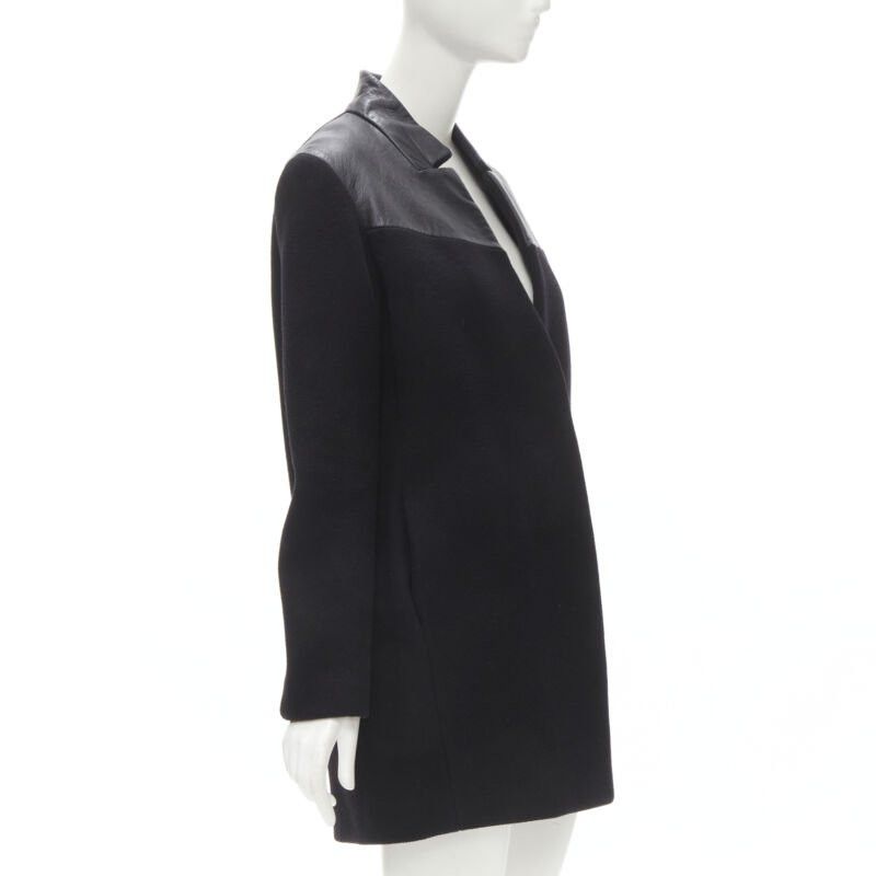 Maje MAJE Sirop black calfskin leather trim wool collarless coat US2 S Size S / US 4 / IT 40 - 4 Thumbnail