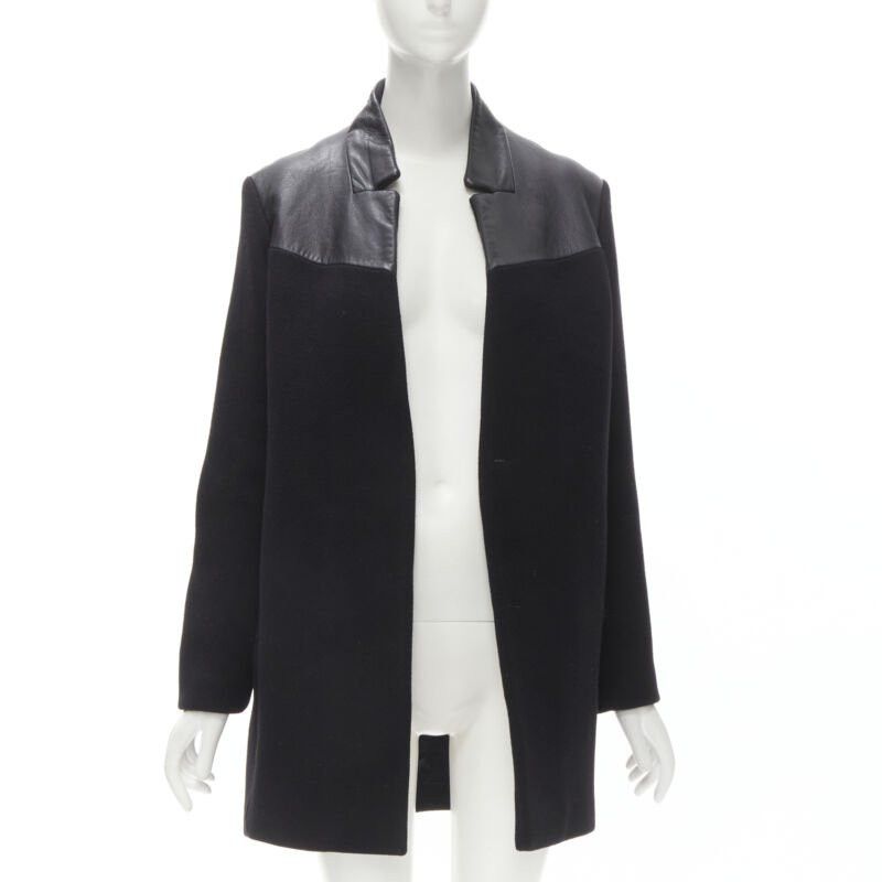 Maje MAJE Sirop black calfskin leather trim wool collarless coat US2 S Size S / US 4 / IT 40 - 3 Thumbnail