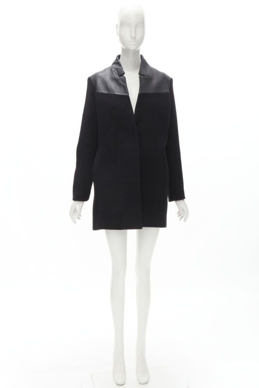 Maje MAJE Sirop black calfskin leather trim wool collarless coat US2 S Size S / US 4 / IT 40 - 11 Thumbnail
