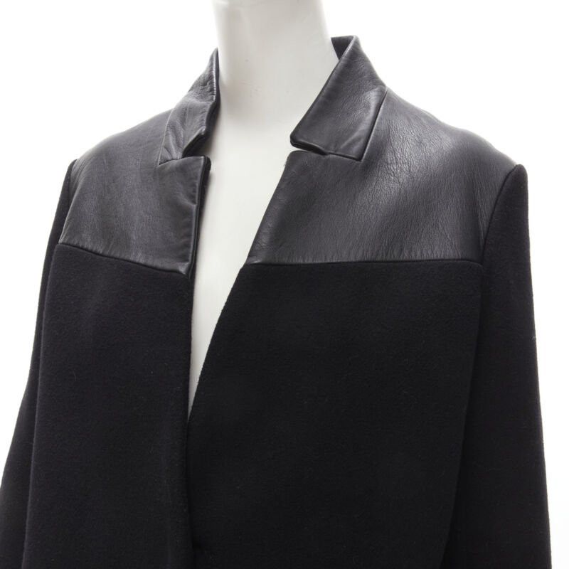 Maje MAJE Sirop black calfskin leather trim wool collarless coat US2 S Size S / US 4 / IT 40 - 2 Thumbnail