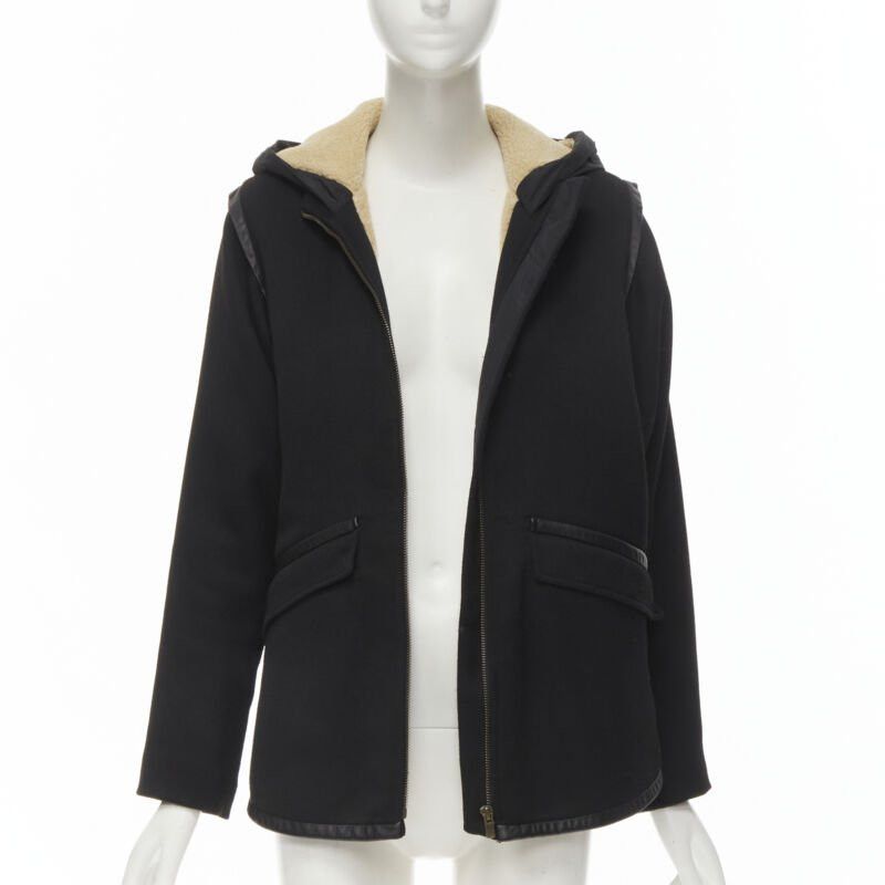 Maje MAJE black fully shearling lined leather trim flared back coat FR36 S Size S / US 4 / IT 40 - 3 Thumbnail