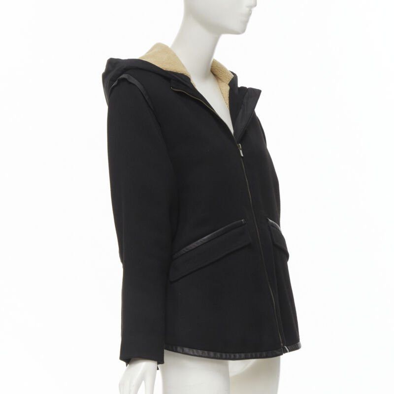 Maje MAJE black fully shearling lined leather trim flared back coat FR36 S Size S / US 4 / IT 40 - 4 Thumbnail