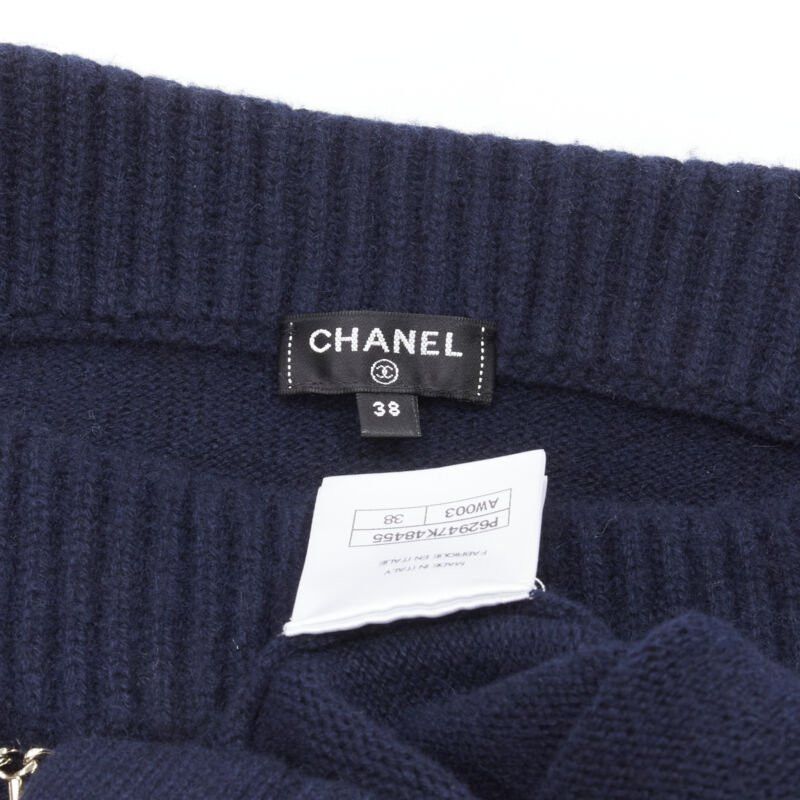 Chanel CHANEL 2020 Runway 100% cashmere navy gold chain trim boat neck sweater FR38 Size M / US 6-8 / IT 42-44 - 9 Thumbnail
