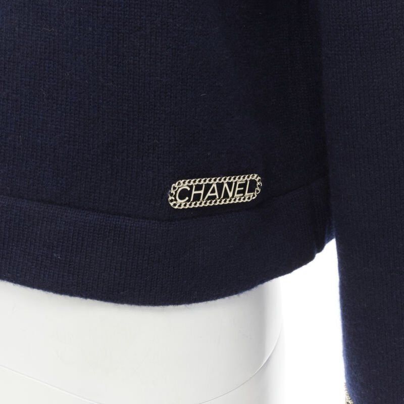 Chanel CHANEL 2020 Runway 100% cashmere navy gold chain trim boat neck sweater FR38 Size M / US 6-8 / IT 42-44 - 2 Thumbnail