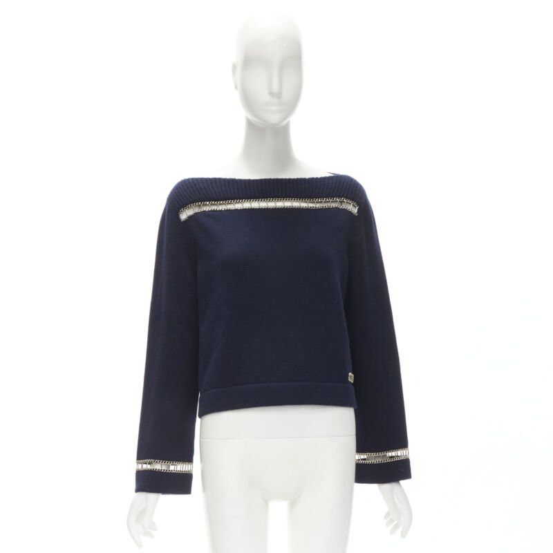Chanel CHANEL 2020 Runway 100% cashmere navy gold chain trim boat neck sweater FR38 Size M / US 6-8 / IT 42-44 - 10 Thumbnail