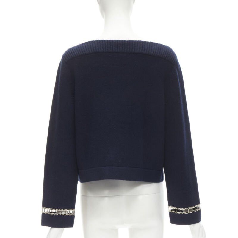 Chanel CHANEL 2020 Runway 100% cashmere navy gold chain trim boat neck sweater FR38 Size M / US 6-8 / IT 42-44 - 5 Thumbnail