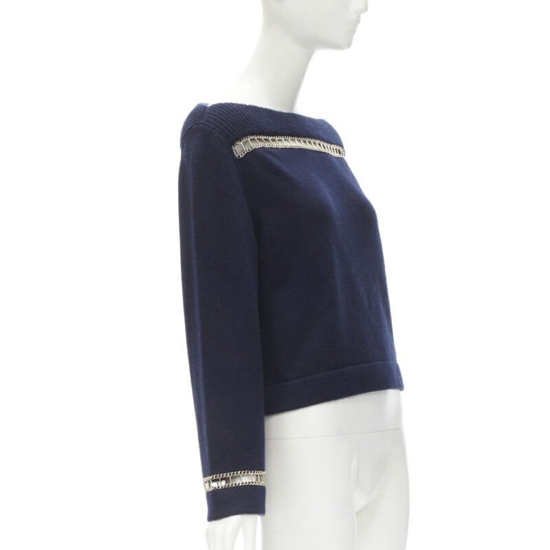 Chanel CHANEL 2020 Runway 100% cashmere navy gold chain trim boat neck sweater FR38 Size M / US 6-8 / IT 42-44 - 3 Thumbnail
