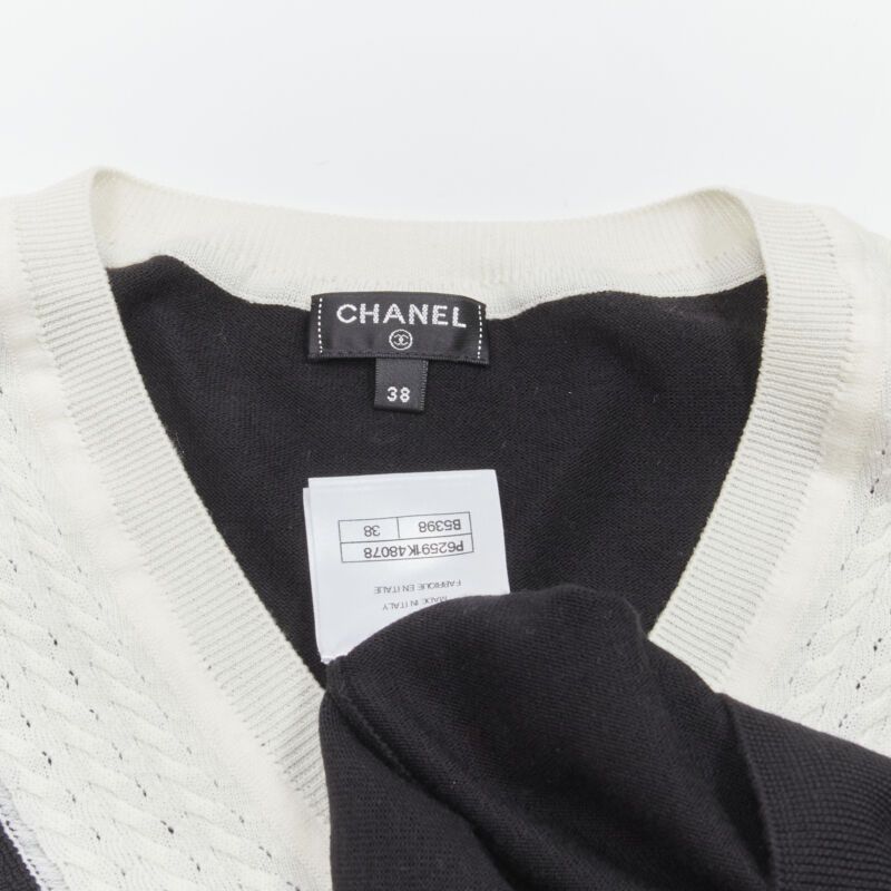 Chanel CHANEL 100% wool black white cable knit varsity collar CC charm sweater FR38 M Size M / US 6-8 / IT 42-44 - 9 Thumbnail