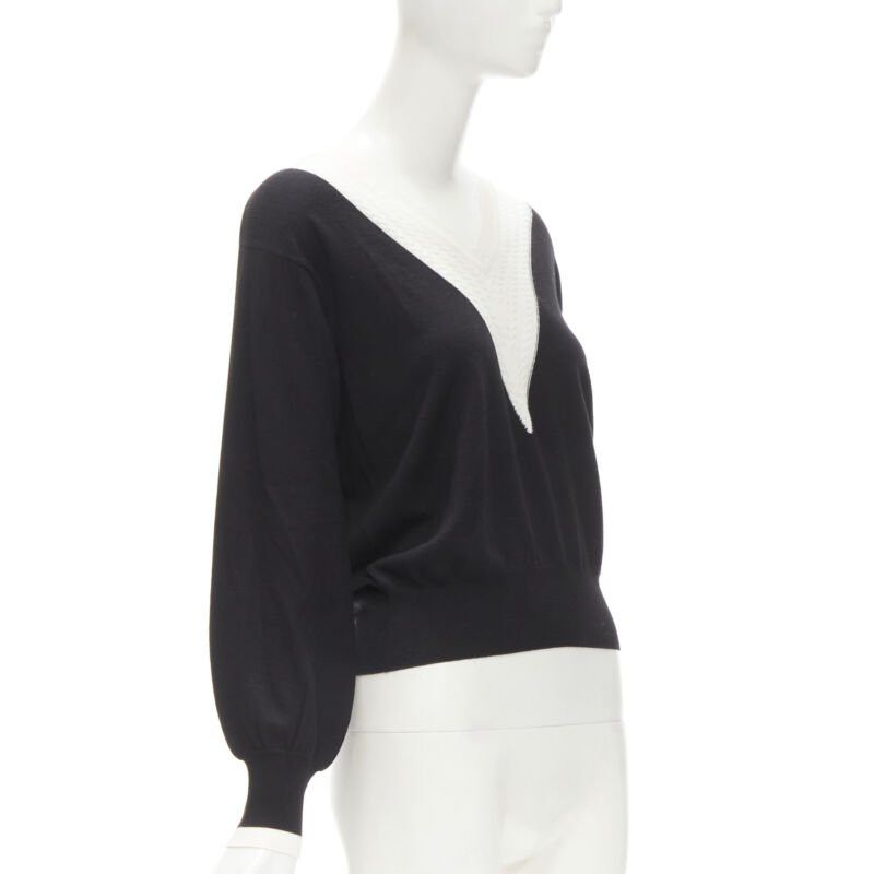Chanel CHANEL 100% wool black white cable knit varsity collar CC charm sweater FR38 M Size M / US 6-8 / IT 42-44 - 3 Thumbnail