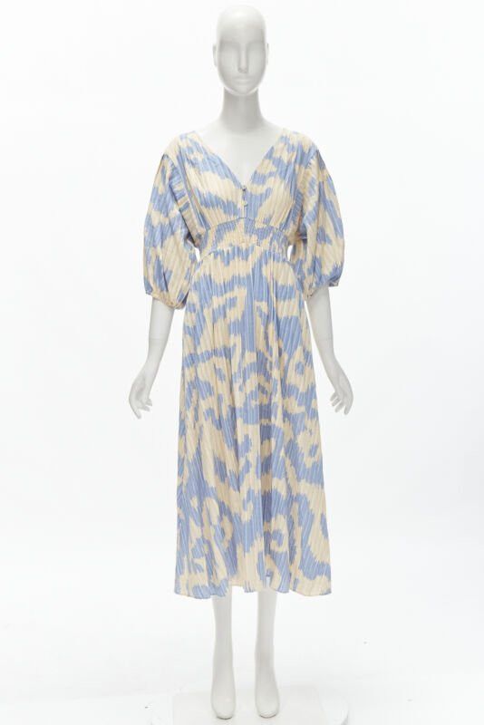 Diane von Furstenberg DIANE VON FURSTENBERG beige blue print lattice embroidery puff sleeve dress US8 Size M / US 6-8 / IT 42-44 - 10 Thumbnail