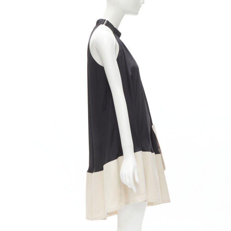 Tibi TIBI black beige polyester patch pocket buckle halter A-line dress US2 S Size S / US 4 / IT 40 - 4 Thumbnail