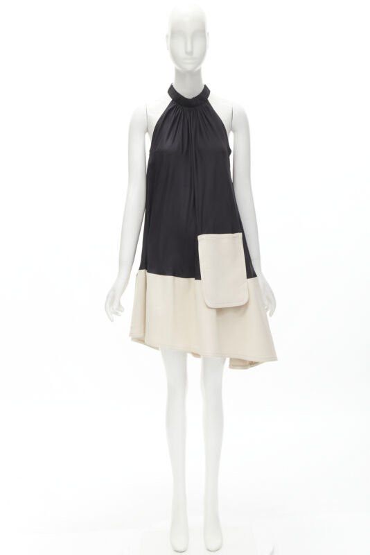Tibi TIBI black beige polyester patch pocket buckle halter A-line dress US2 S Size S / US 4 / IT 40 - 10 Thumbnail