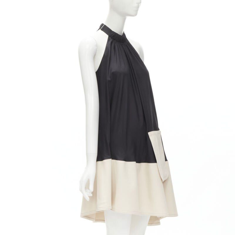 Tibi TIBI black beige polyester patch pocket buckle halter A-line dress US2 S Size S / US 4 / IT 40 - 3 Thumbnail