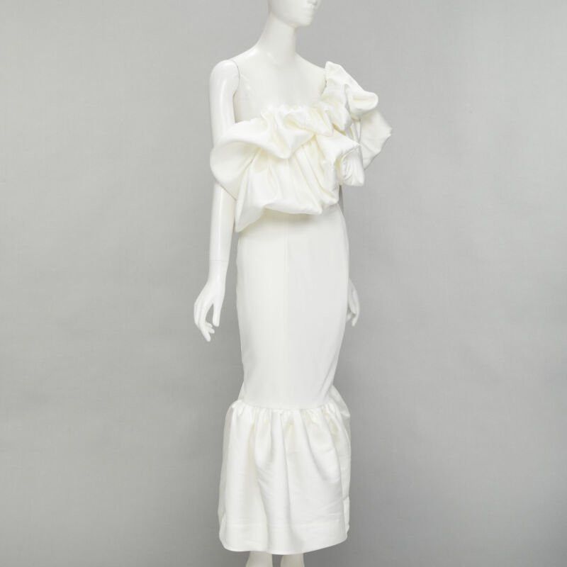 Solace London SOLACE Tove Midi white polyester ruffle cascade shoulder flounce dress UK12 M Size M / US 6-8 / IT 42-44 - 3 Thumbnail