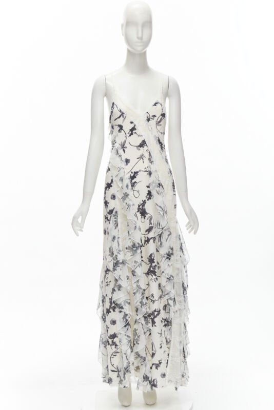 Alice + Olivia new ALICA OLVIA Floral Crown 100% silk printed lace trim ruffle maxi dress US6 M Size M / US 6-8 / IT 42-44 - 10 Thumbnail