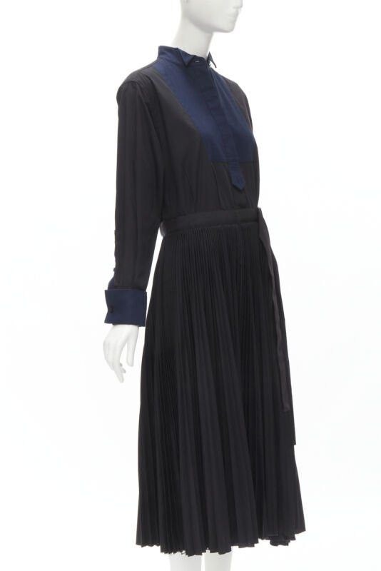 Sacai SACAI navy tuxedo bib collar black cotton pleated skirt belted midi dress JP2 M Size M / US 6-8 / IT 42-44 - 3 Thumbnail