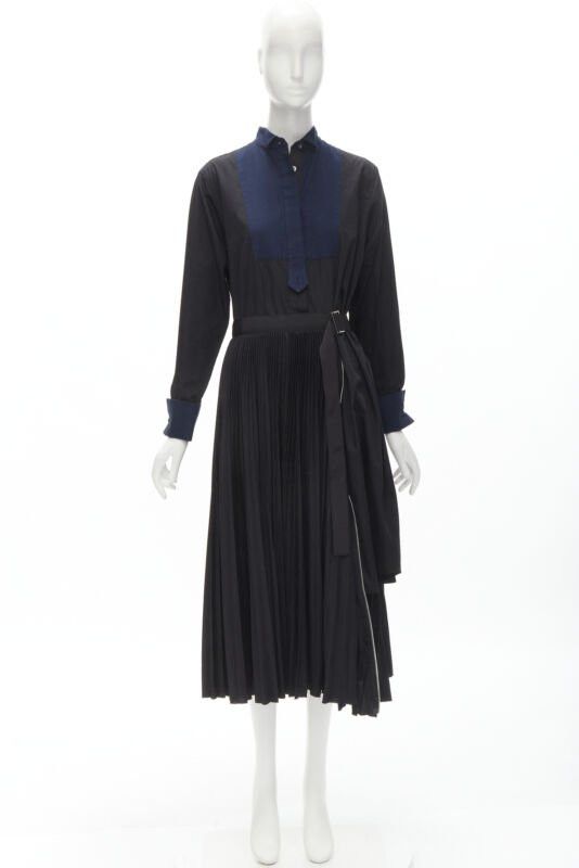 Sacai SACAI navy tuxedo bib collar black cotton pleated skirt belted midi dress JP2 M Size M / US 6-8 / IT 42-44 - 10 Thumbnail