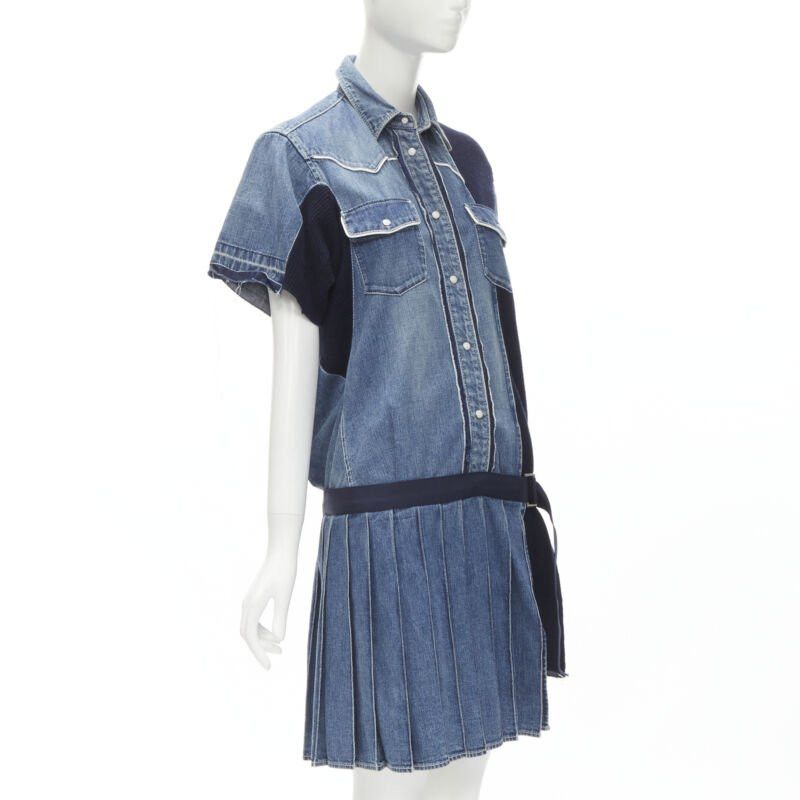 Sacai SACAI 2018 washed denim knit insert belted skirt dress JP3 L Size M / US 6-8 / IT 42-44 - 3 Thumbnail