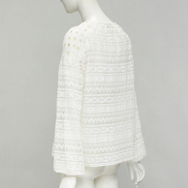 Temperley London TEMPERLEY LONDON white sheer gold jacquard crochet lace bohemian top US4 S Size S / US 4 / IT 40 - 6 Thumbnail