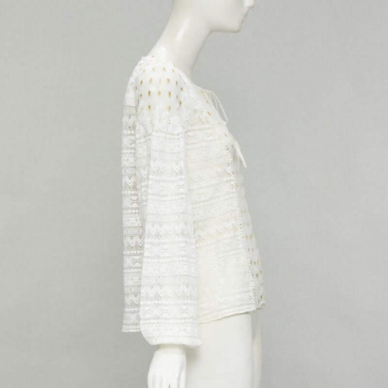 Temperley London TEMPERLEY LONDON white sheer gold jacquard crochet lace bohemian top US4 S Size S / US 4 / IT 40 - 4 Thumbnail
