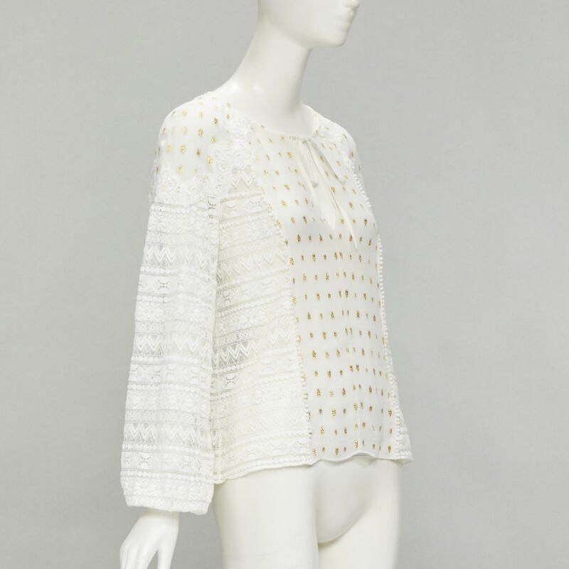 Temperley London TEMPERLEY LONDON white sheer gold jacquard crochet lace bohemian top US4 S Size S / US 4 / IT 40 - 3 Thumbnail