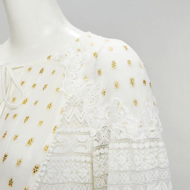 Temperley London TEMPERLEY LONDON white sheer gold jacquard crochet lace bohemian top US4 S Size S / US 4 / IT 40 - 2 Thumbnail