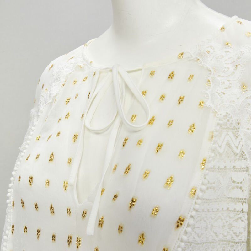Temperley London TEMPERLEY LONDON white sheer gold jacquard crochet lace bohemian top US4 S Size S / US 4 / IT 40 - 7 Thumbnail