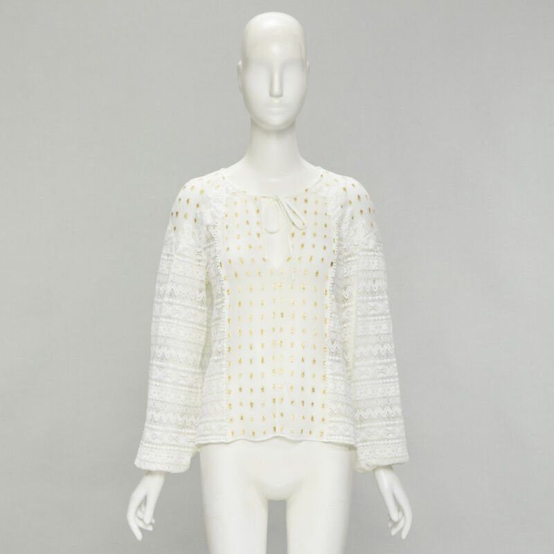 Temperley London TEMPERLEY LONDON white sheer gold jacquard crochet lace bohemian top US4 S Size S / US 4 / IT 40 - 10 Thumbnail