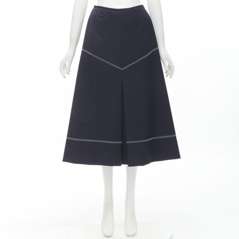 ELLERY ELLERY navy polyester wool white cross hatch stitching flared skirt US2 XS Size 27" / US 4 / IT 40 - 9 Thumbnail