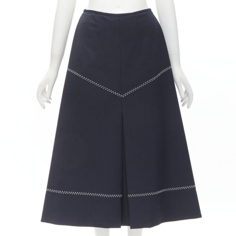 ELLERY ELLERY navy polyester wool white cross hatch stitching flared skirt US2 XS Size 27" / US 4 / IT 40 - 3 Thumbnail