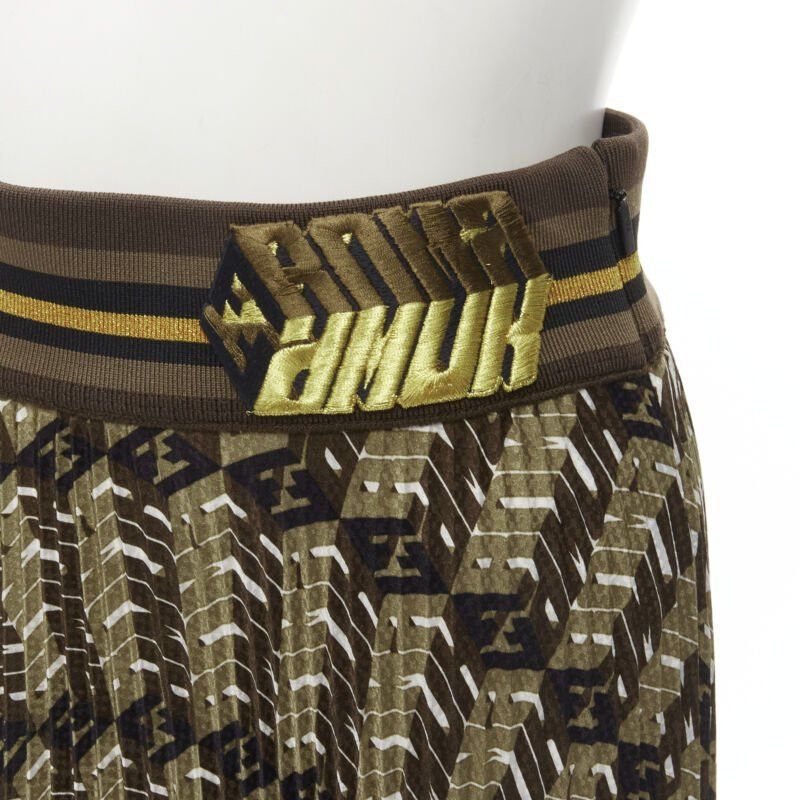 Fendi FENDI Roma Amor brown gold graphic print pleated plisse silk skirt IT42 M Size 28" / US 6 / IT 42 - 2 Thumbnail