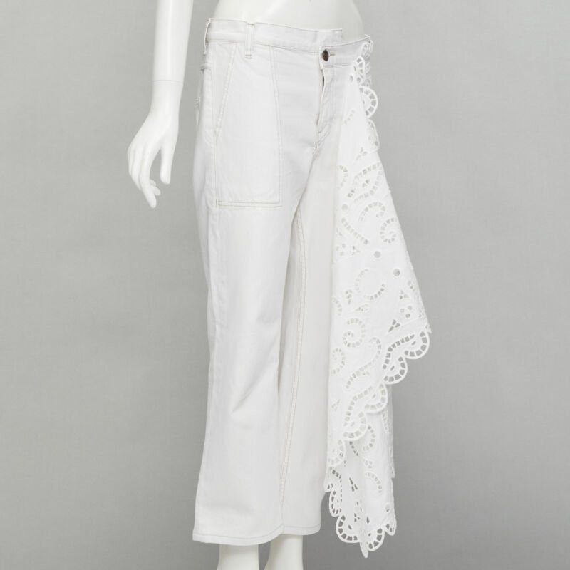 MONSE MONSE white denim cotton embroidery anglais draped trim straight leg jeans US2 S Size 27" / US 4 / IT 40 - 3 Thumbnail