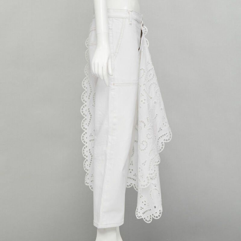 MONSE MONSE white denim cotton embroidery anglais draped trim straight leg jeans US2 S Size 27" / US 4 / IT 40 - 4 Thumbnail