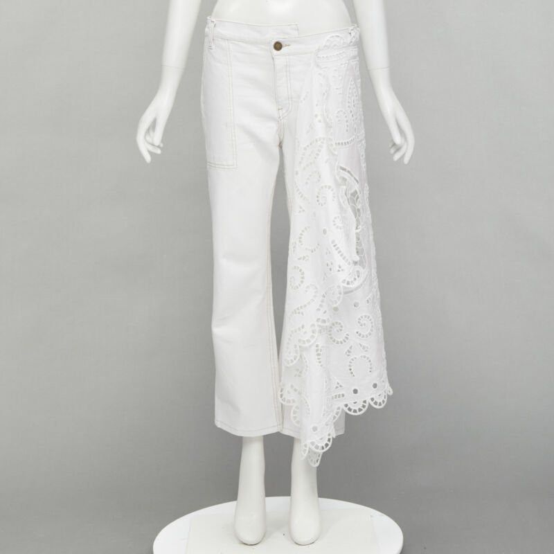 MONSE MONSE white denim cotton embroidery anglais draped trim straight leg jeans US2 S Size 27" / US 4 / IT 40 - 10 Thumbnail