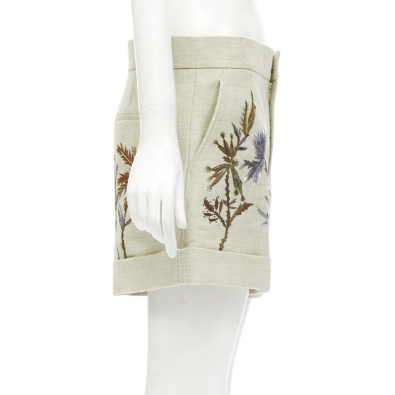 Dior CHRISTIAN DIOR beige cotton linen Dandelion floral embroidery cuffed shorts FR38 Size 28" / US 6 / IT 42 - 4 Thumbnail