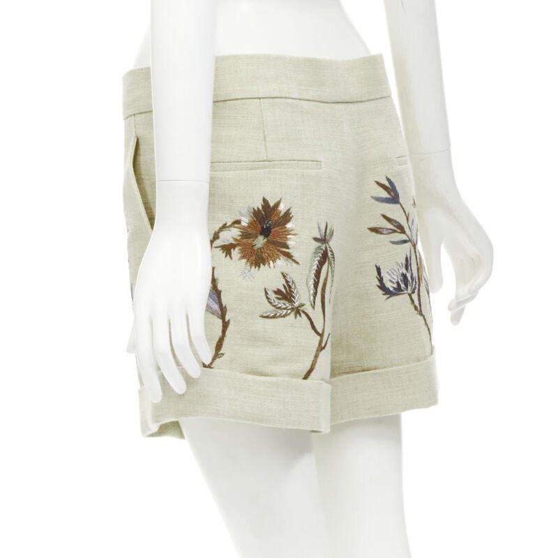 Dior CHRISTIAN DIOR beige cotton linen Dandelion floral embroidery cuffed shorts FR38 Size 28" / US 6 / IT 42 - 6 Thumbnail