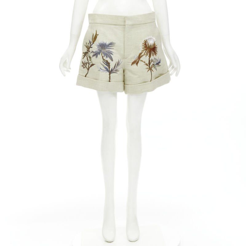 Dior CHRISTIAN DIOR beige cotton linen Dandelion floral embroidery cuffed shorts FR38 Size 28" / US 6 / IT 42 - 10 Thumbnail