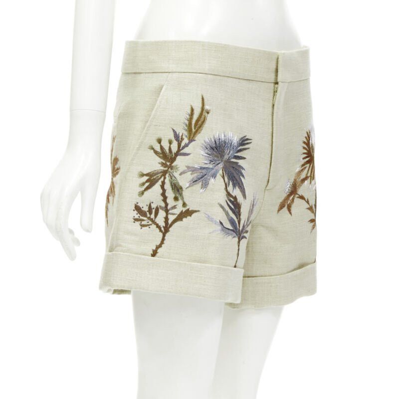 Dior CHRISTIAN DIOR beige cotton linen Dandelion floral embroidery cuffed shorts FR38 Size 28" / US 6 / IT 42 - 3 Thumbnail