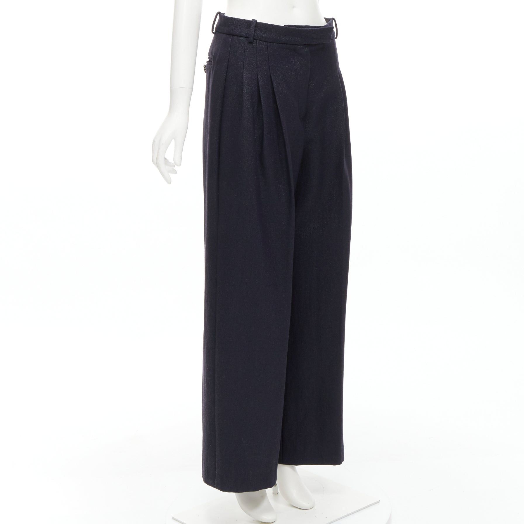 Chanel new CHANEL metallic black pleated front chain trimmed wide leg pants FR40 M Size 30" / US 8 / IT 44 - 3 Thumbnail