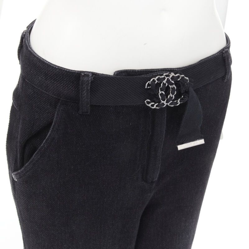 Chanel CHANEL Runway cotton black CC chain buckle belt wide leg bell bottom pants FR38 M Size 28" / US 6 / IT 42 - 2 Thumbnail