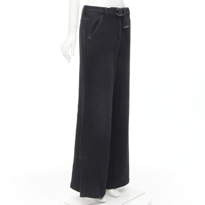 Chanel CHANEL Runway cotton black CC chain buckle belt wide leg bell bottom pants FR38 M Size 28" / US 6 / IT 42 - 3 Thumbnail