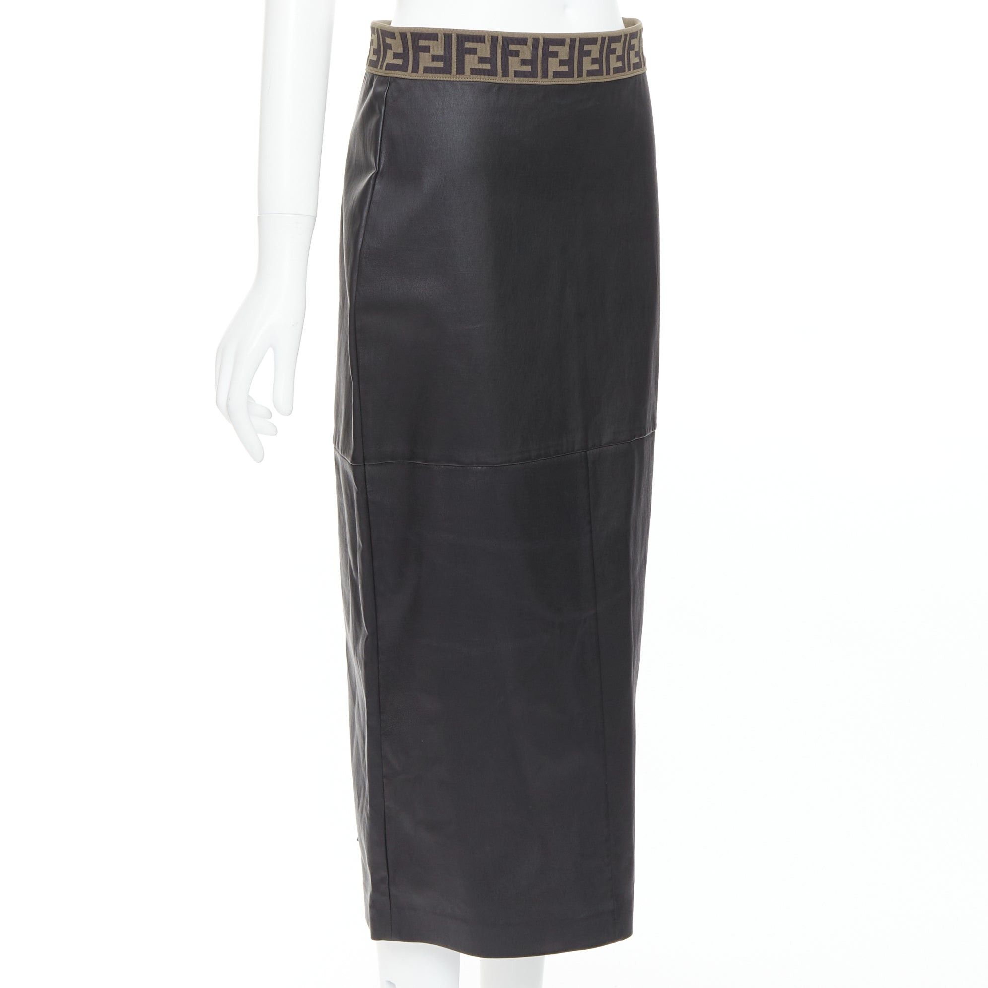 Fendi FENDI Gonna khaki FF monogram waist black lamb leather pencil skirt IT44 L Size 30" / US 8 / IT 44 - 3 Thumbnail