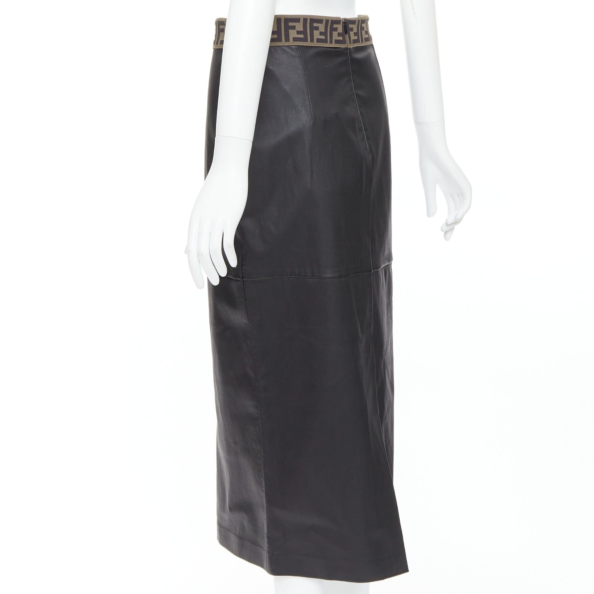 Fendi FENDI Gonna khaki FF monogram waist black lamb leather pencil skirt IT44 L Size 30" / US 8 / IT 44 - 6 Thumbnail